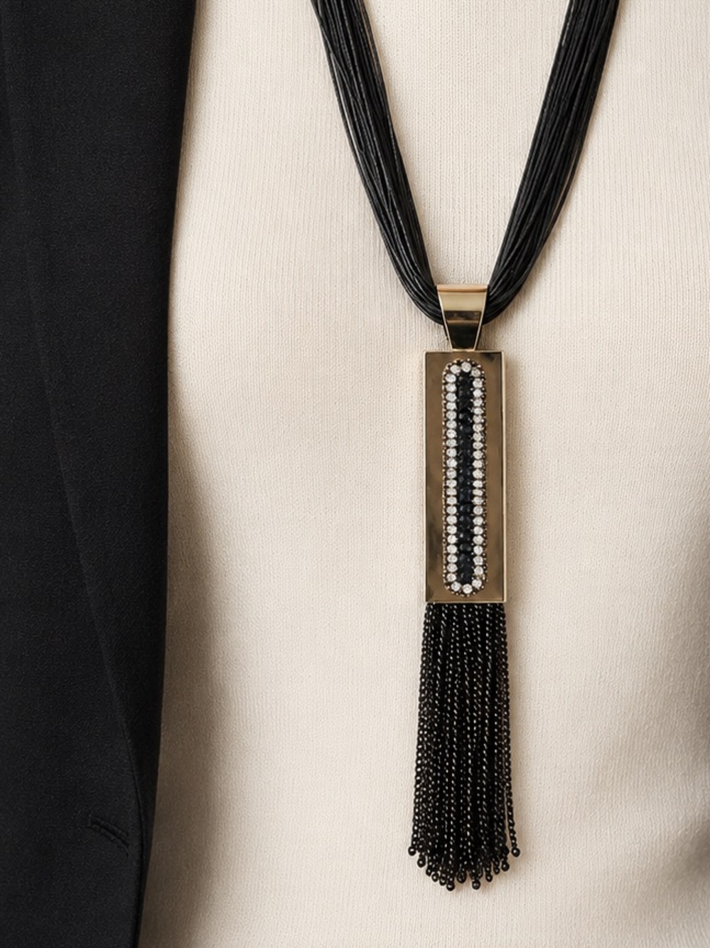 Black & Gold Tone Rhinestone Chain Tassel Necklace